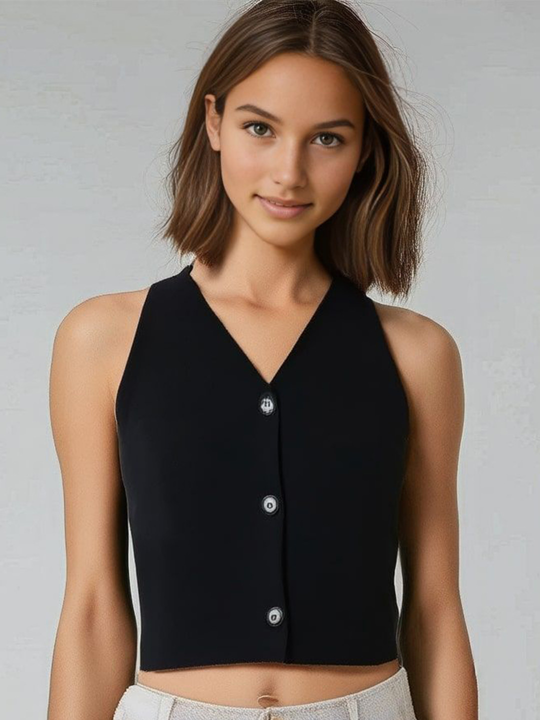 DressBerry Women V-Neck Sleeveless Linen Crop Top