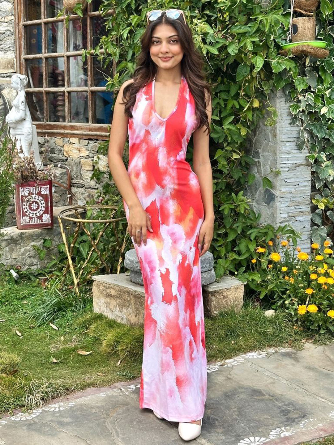 TANDUL Red Long Halter Neck Maxi Dress