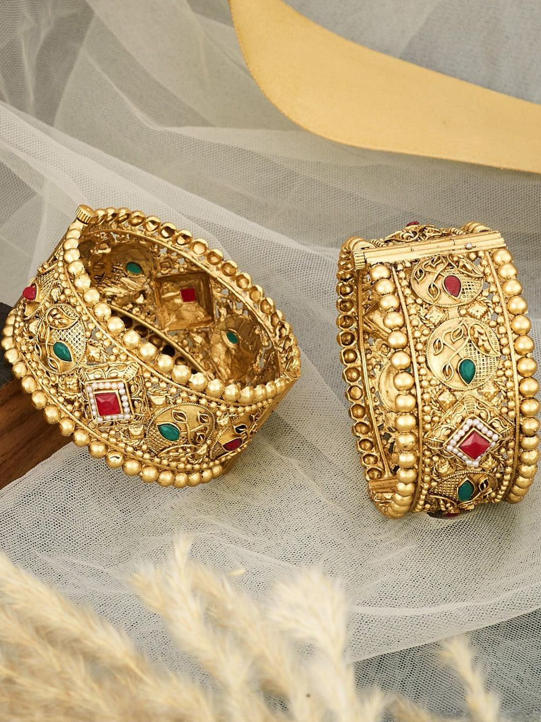 Anouk Set of 2 Gold plated & Multicolour Stone Studded Kada Bangles