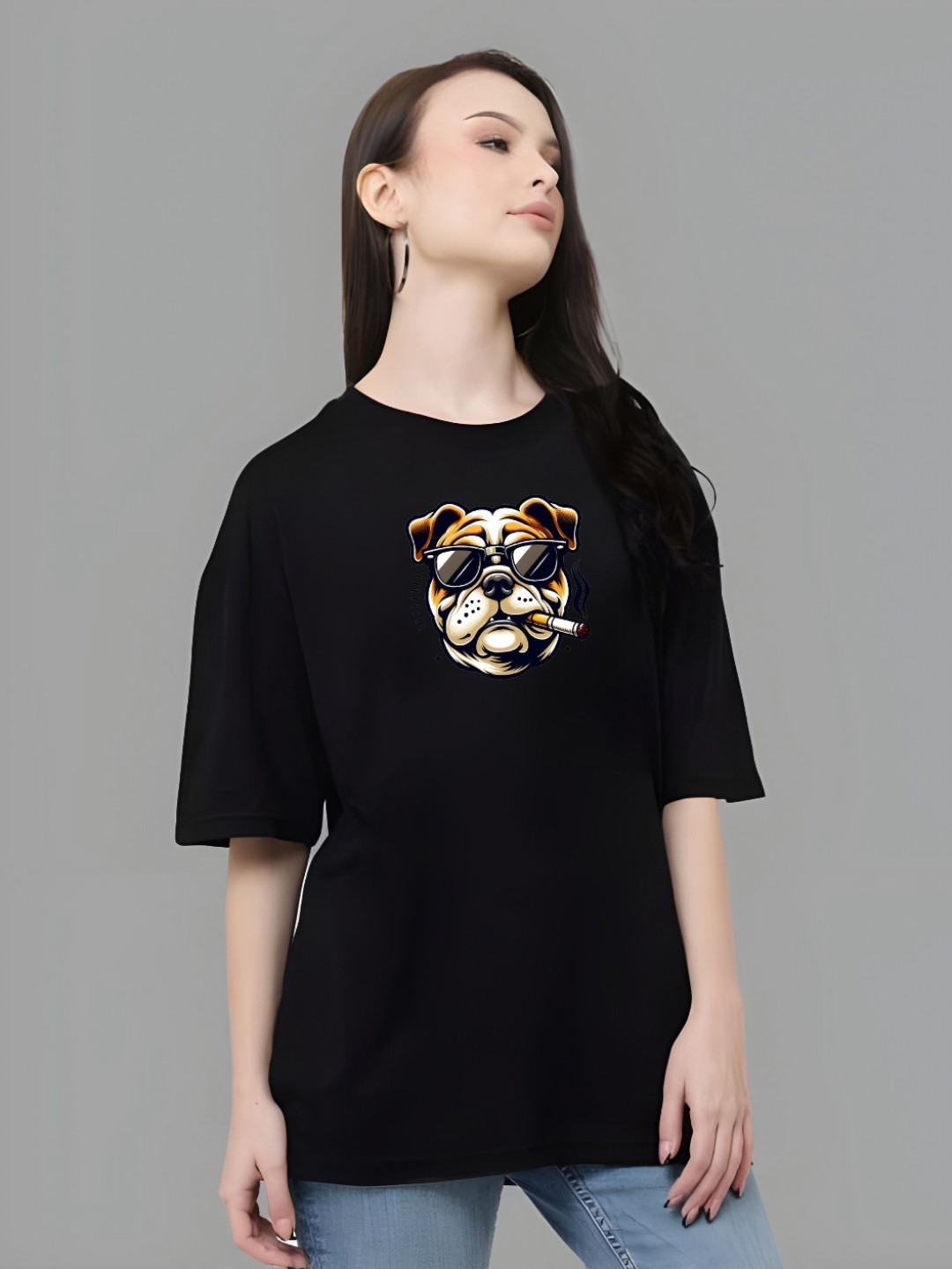 KAIDO Animal Printed Round Neck Drop-Shoulder Sleeves Cotton Oversized T-shirt
