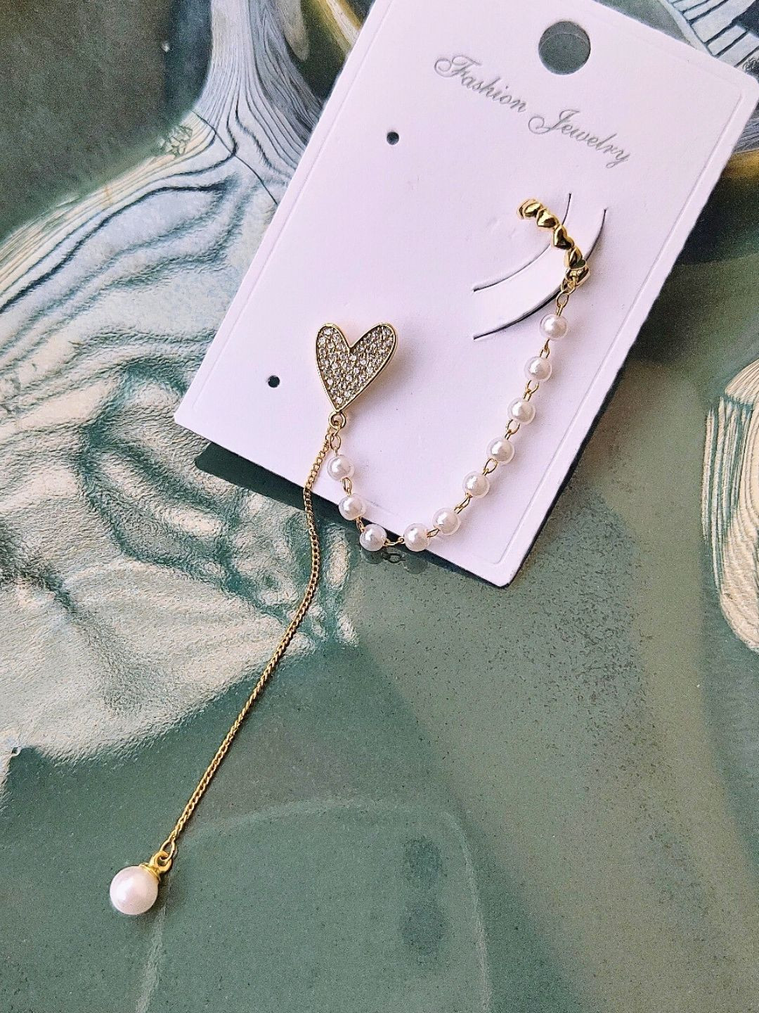 RaasRani Stainless Steel Gold-Plated AD Studded and Pearls Beaded Heart Shaped Ear Cuff