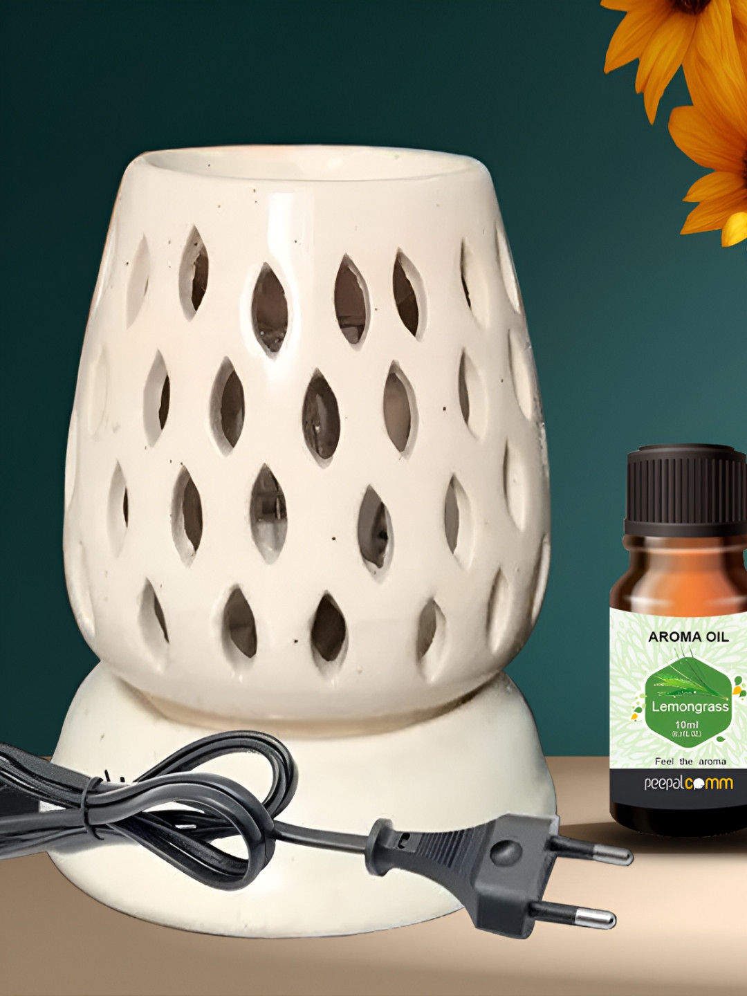 PEEPALCOMM 2-Pcs White & Green Ceramic Electric Diffuser & Lemongrass AromaOil10ml