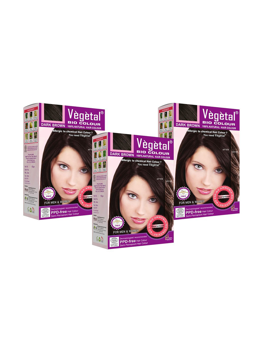 Vegetal Set Of 3 Bio Color 100% Natural Hair Color - 150 g Each - Dark Brown
