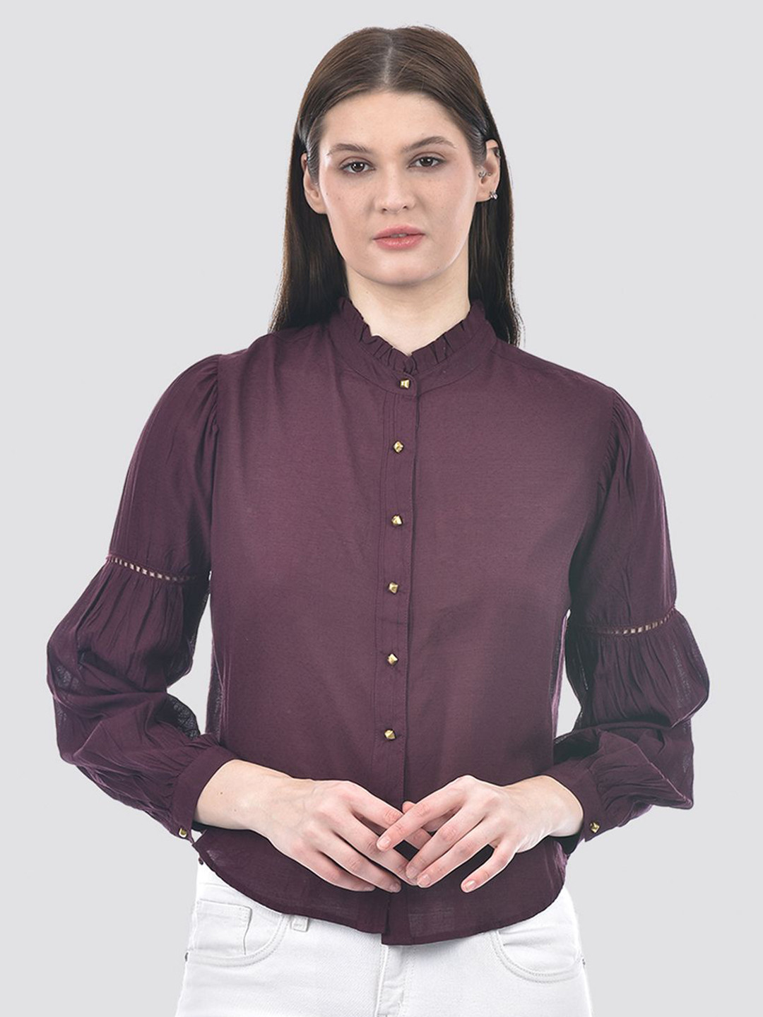 Numero Uno Band Collar Long Sleeves Casual Cotton Shirt