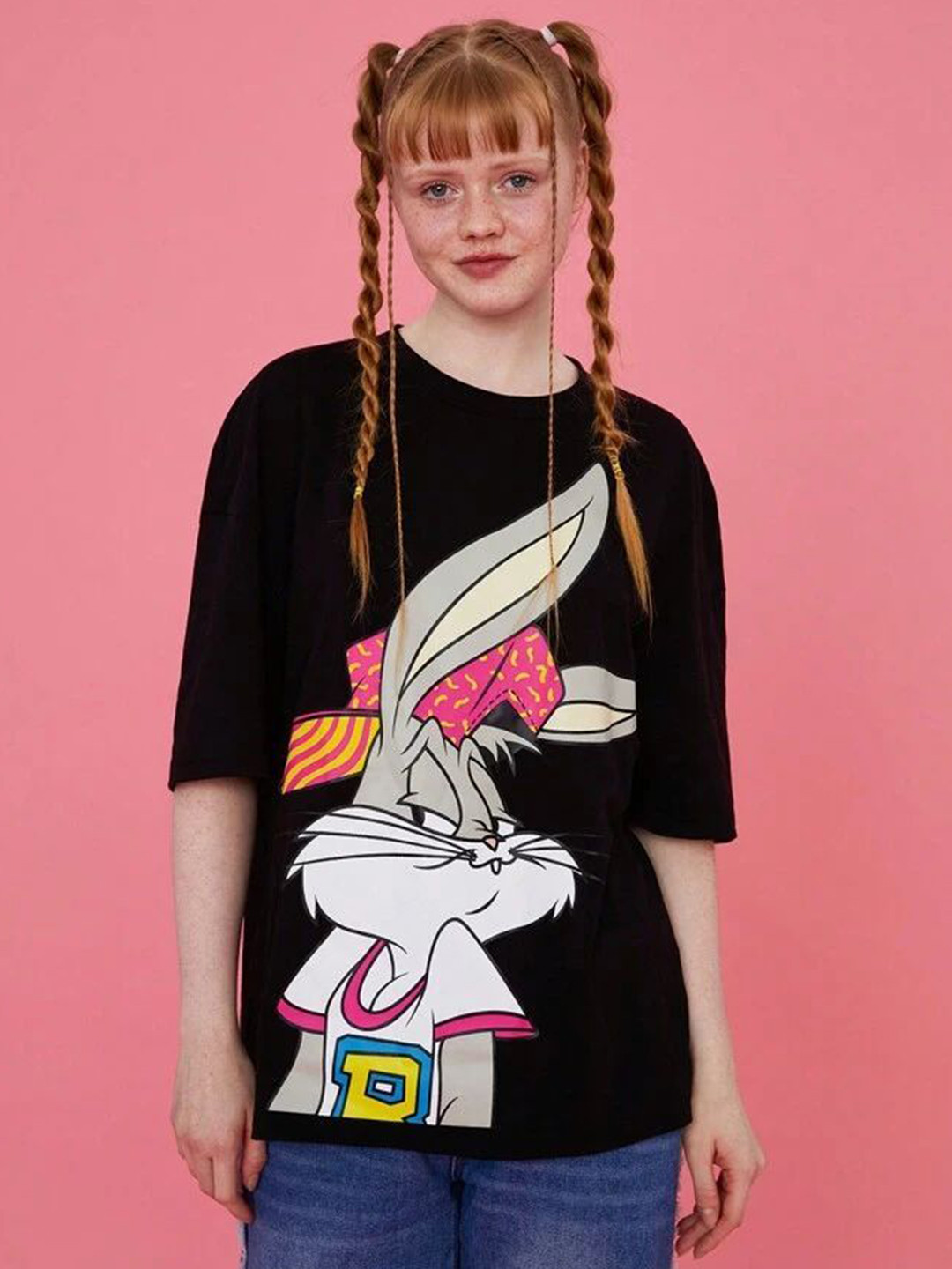 TOM AND JERRY by Dreambe Women Looney Tunes Graphic Printed Round Neck Oversized T-shirt