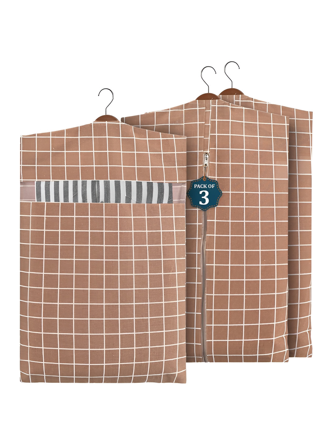 Aura Brown 3 Pcs Almirah Clothe Packing Bag Hanging Clothe Cover Multi-Utility Organisers