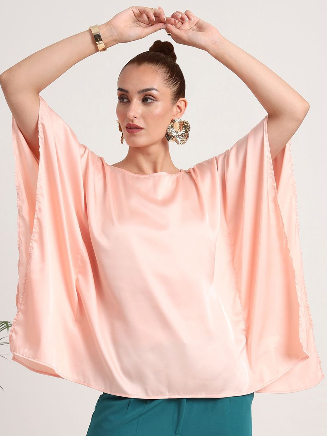 AMSWAN Women European Satin Solid Baturing Sleeve Kaftan Top