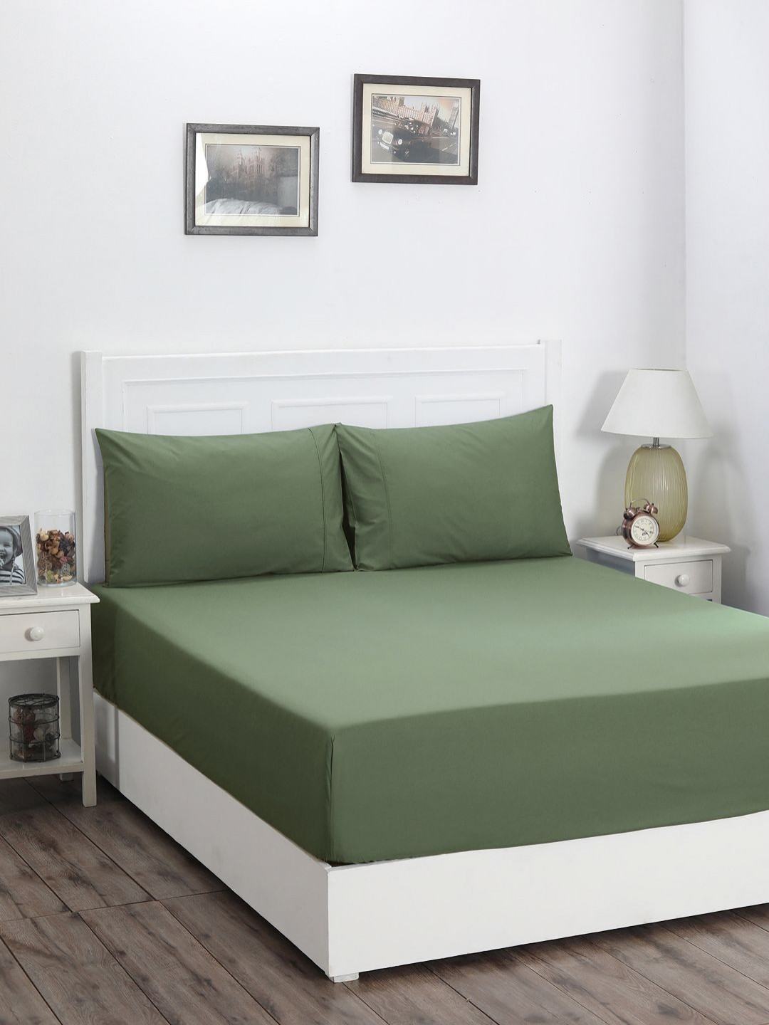 MASPAR Green Pure Cotton Single Bed Fitted Bedsheet With 2 Pillow Case 91 cm x 1.83 m
