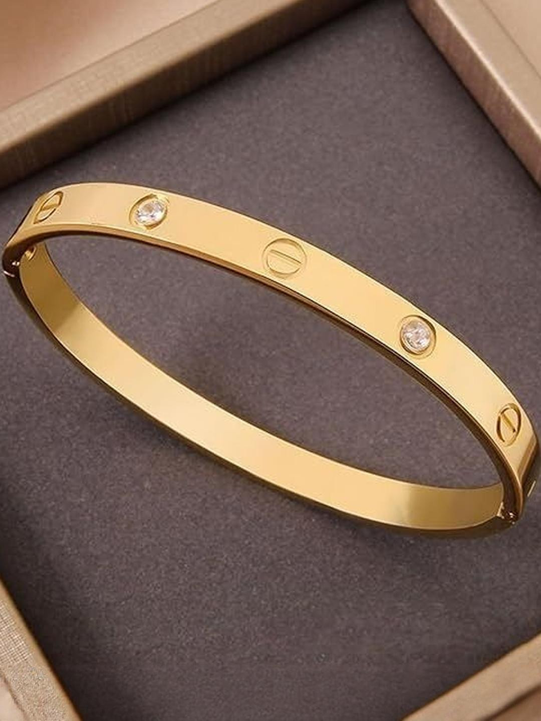Inites Women American Diamond Gold-Plated Nug Cartier Cuff Kada Bangle Bracelet
