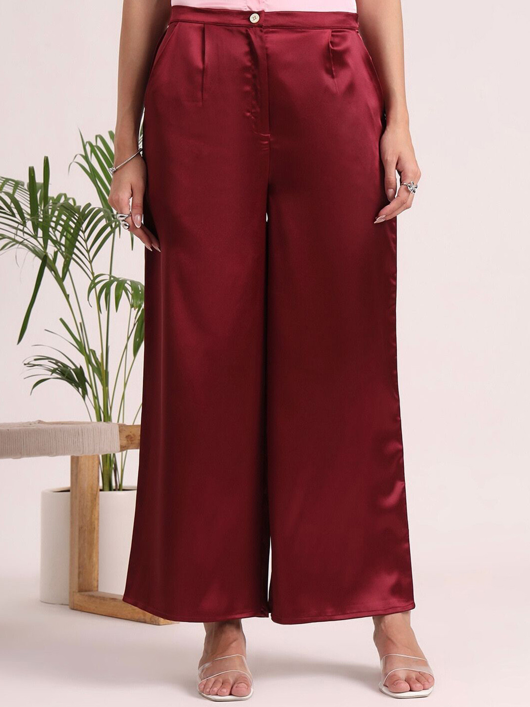 AMSWAN Women European Satin Flared Pleated Trouser