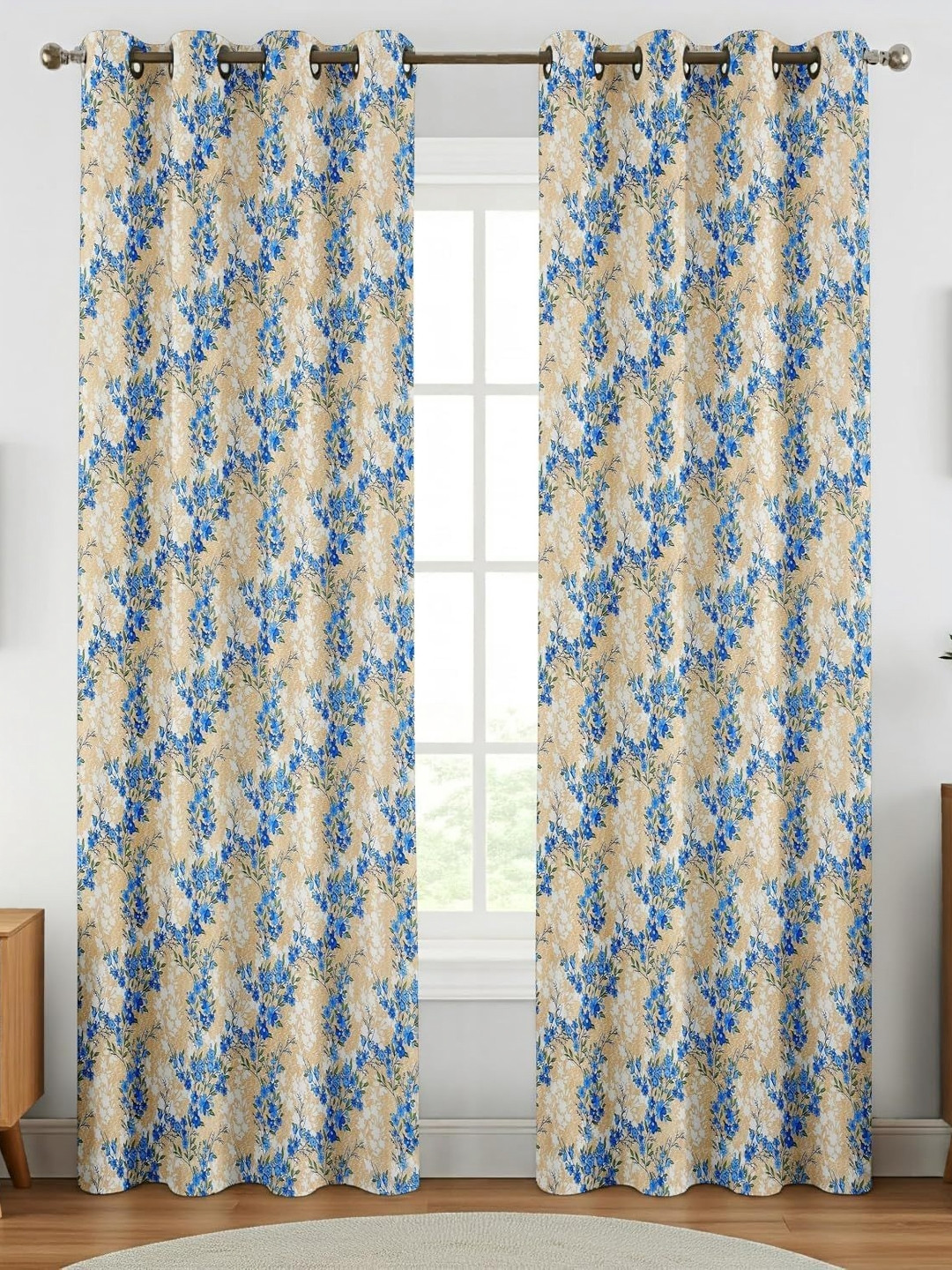 Lunar Days Blue & Yellow 2 Pieces Floral Printed Room Darkening Door Curtains 7 Feet