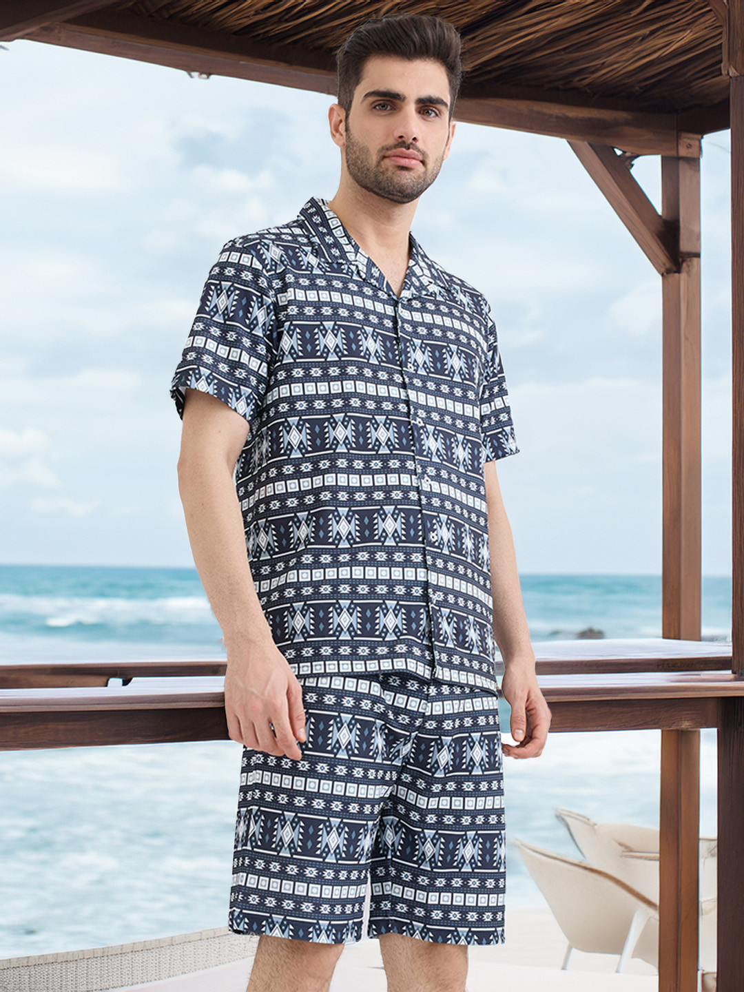 Status Quo Printed Polo Collar Half Sleeves Shirt With Shorts Co-Ords