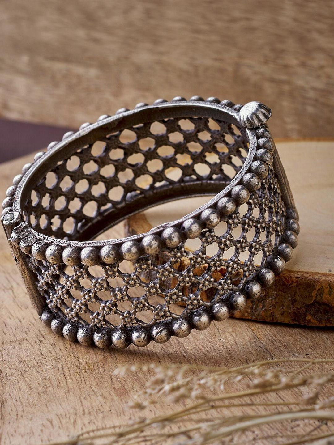 Sangria German Silver Plated & Floral Shaped Jaali Inspired Kada Bangle