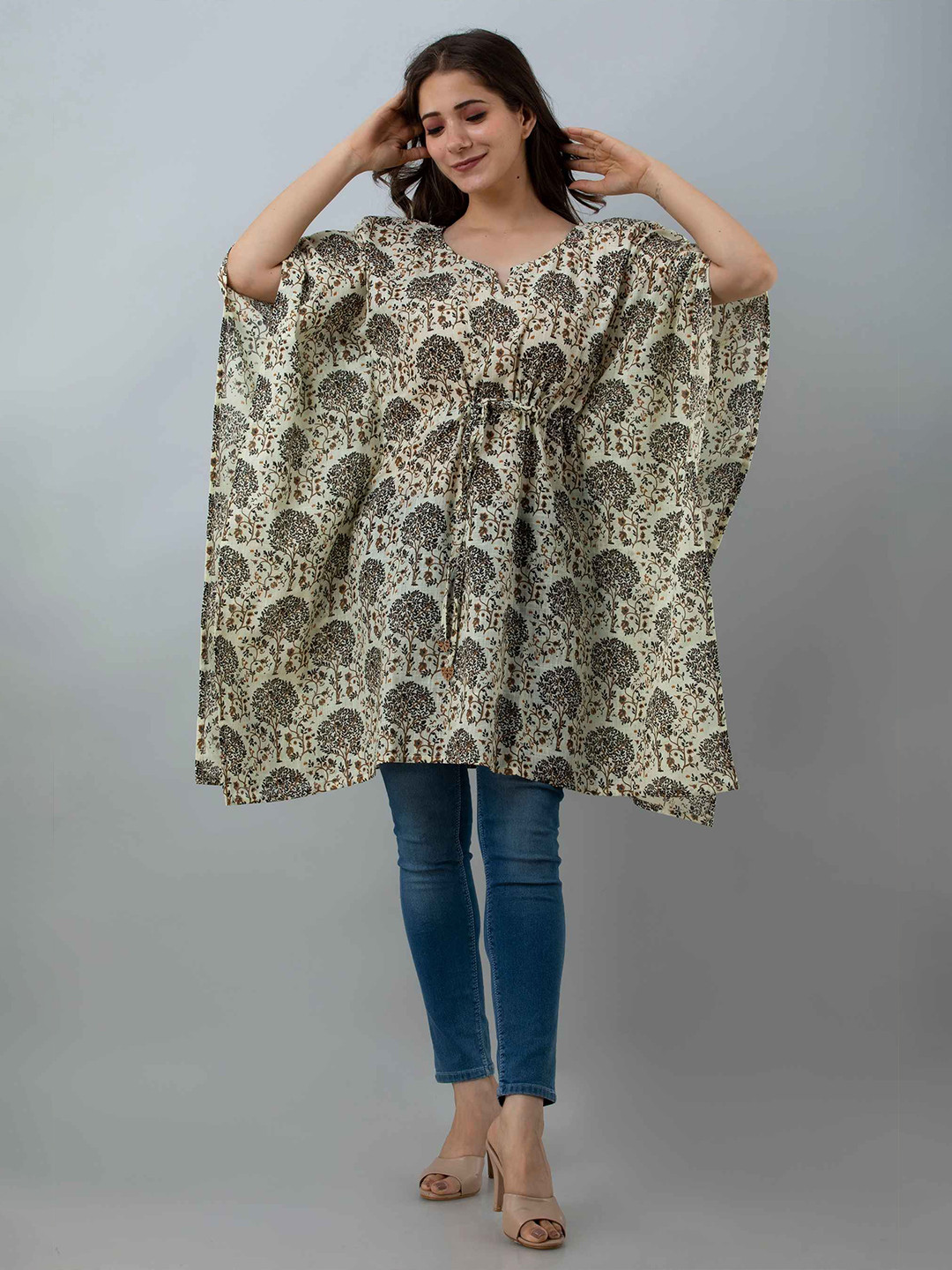 MissKurti Floral Printed Kimono Sleeves Cotton Kaftan Top