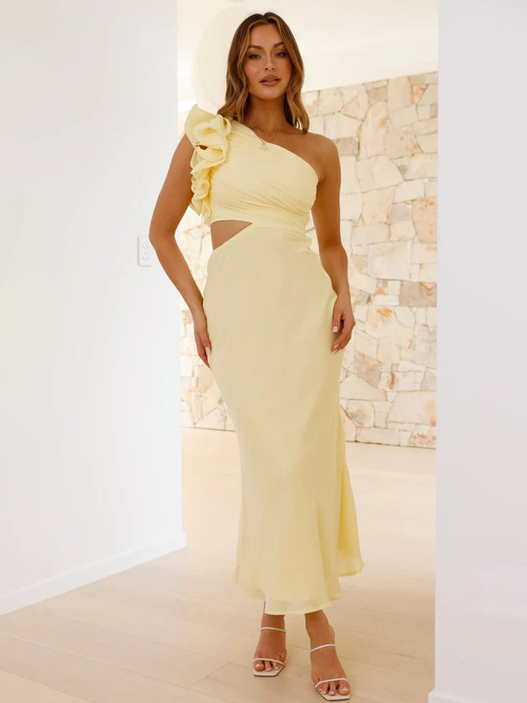 bebe Yellow One-shoulder Ruffle Side Cutout Maxi Dress
