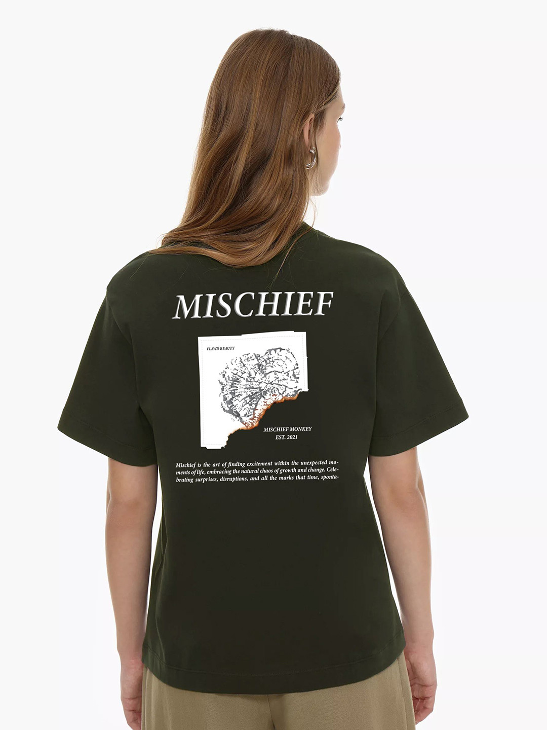 MISCHIEF MONKEY Women Printed Drop-Shoulder Sleeves Monochrome Raw Edge T-shirt