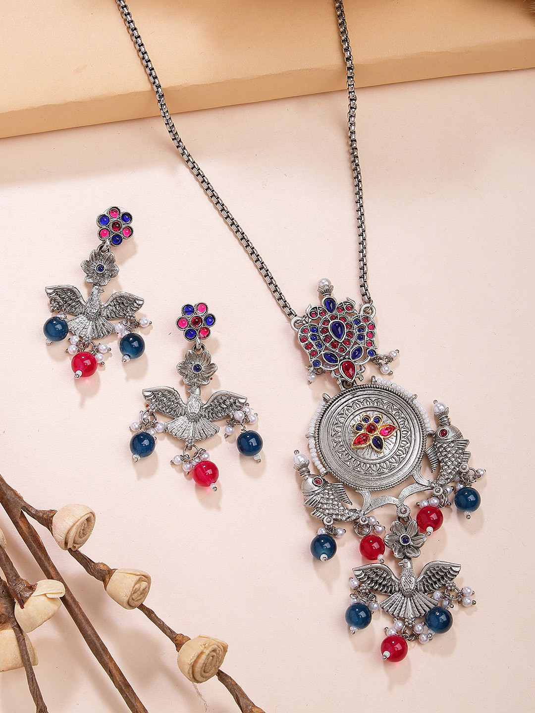 KARATCART Oxidized Silver Pendant Set With Blue & Red Beads Jewellery Set