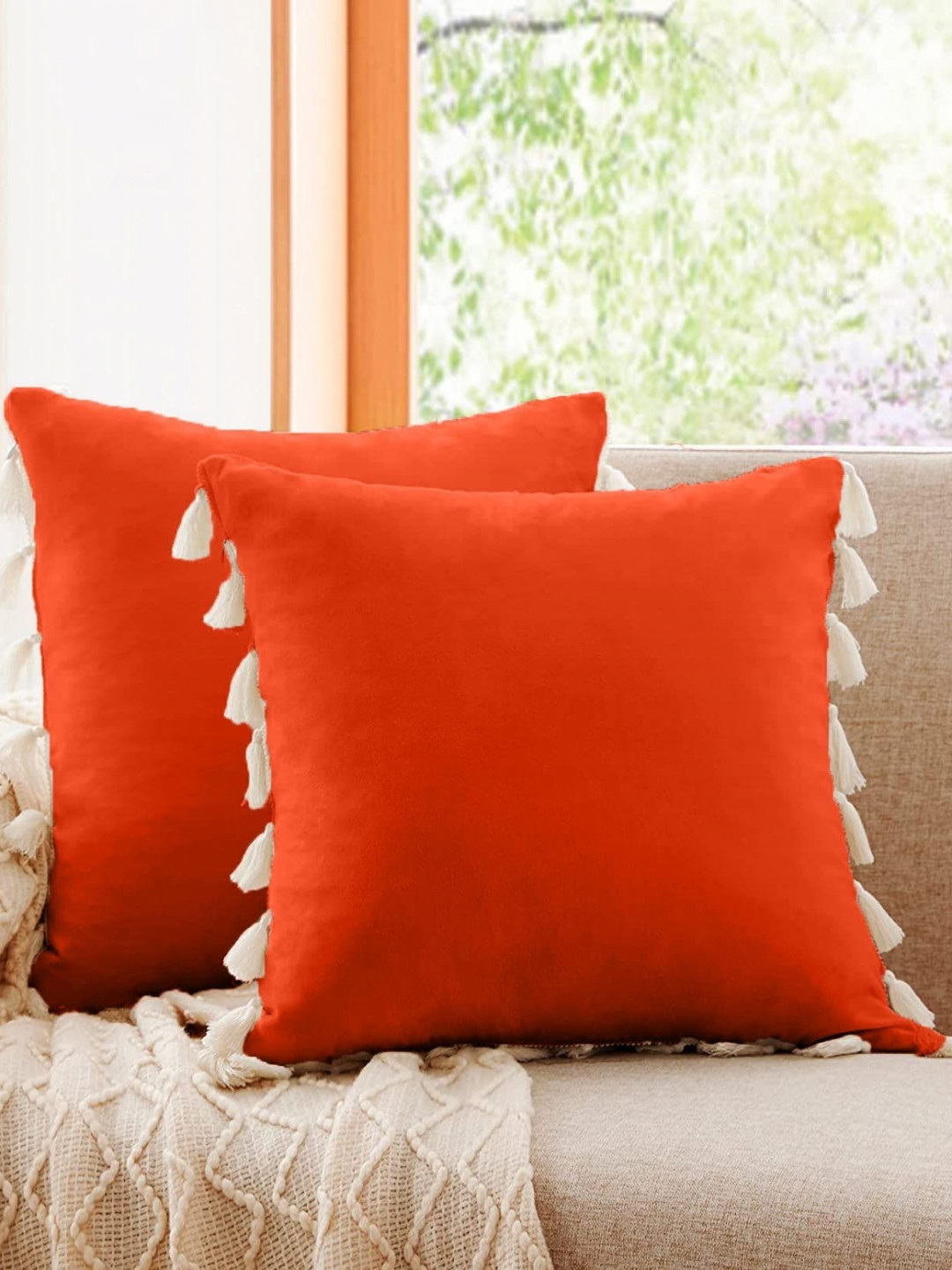 Cottonfry Orange & White 2 Pieces Jute Silk Square Cushion Covers