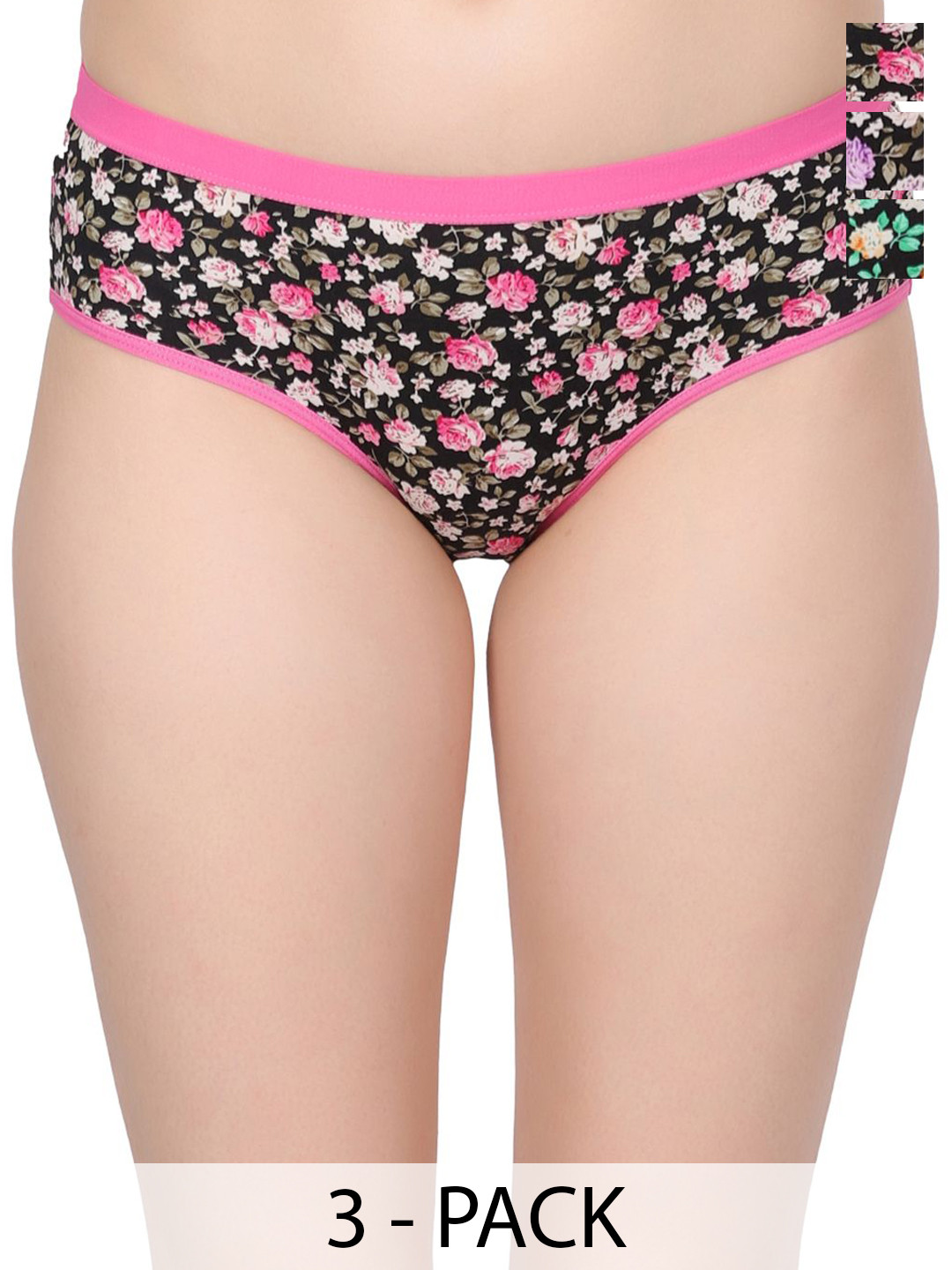 Amour Secret Pack Of 3 Floral Printed Mid Rise Hipster BriefsP2012B_Grn_Pnk_Prl_S