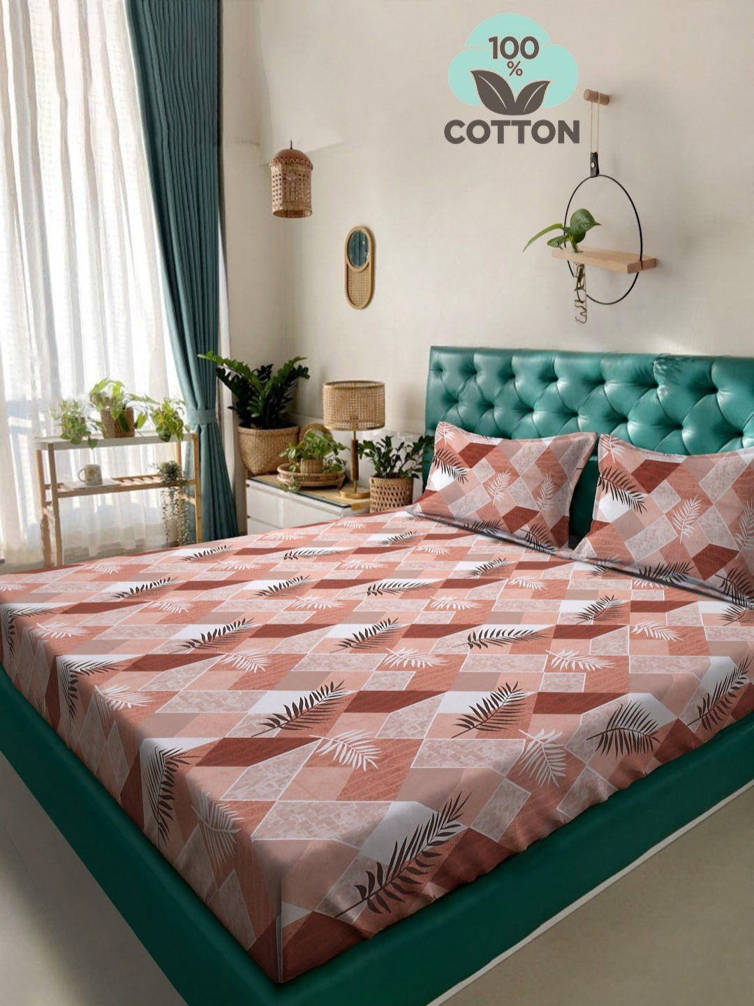 Myntra Elegant Homes Rust & White Floral Printed Flat 400 TC Cotton King Bedsheet with 2 Pillow Covers