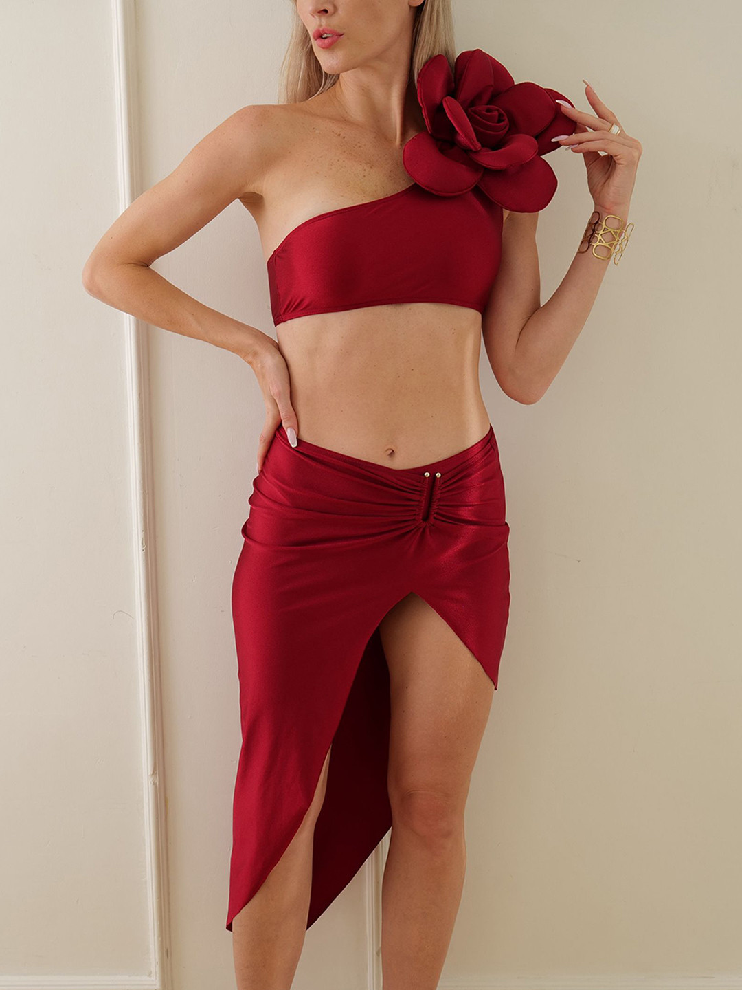 Plus Curvves One Shoulder Floral Pattern Swimwear Coverup Set