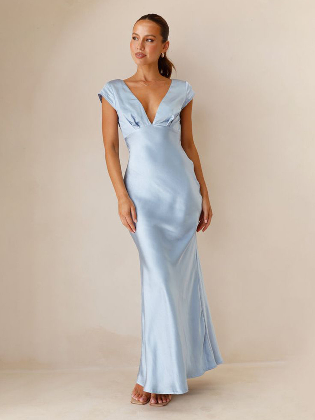 bebe Blue Plunge V-neck Cap Sleeve Sheath Maxi Dress