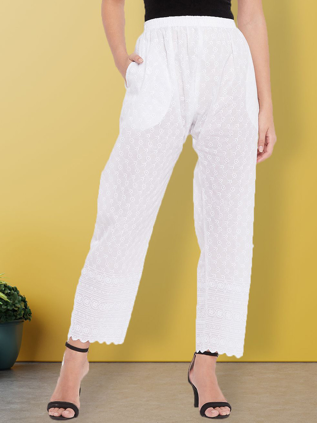 all about you Women Floral Embroidered Mid-Rise Smart Easy Wash Trousers