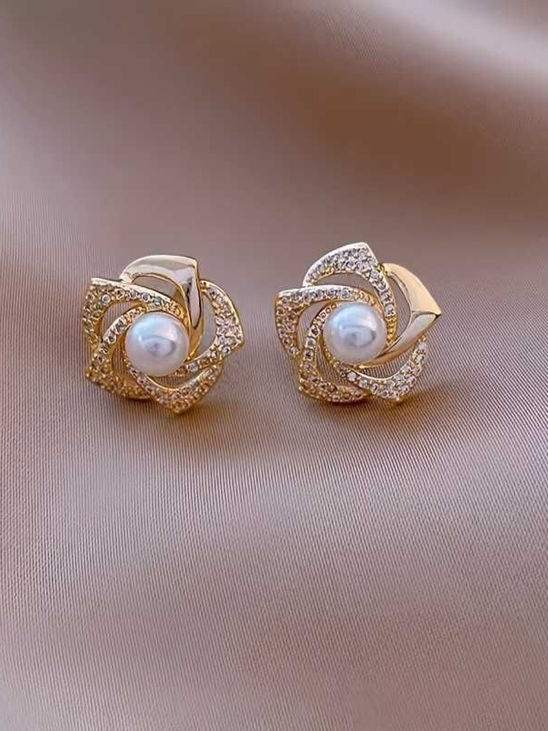 Bling Queen Rose Gold Plated Pearl Studded Floral Stud Earrings