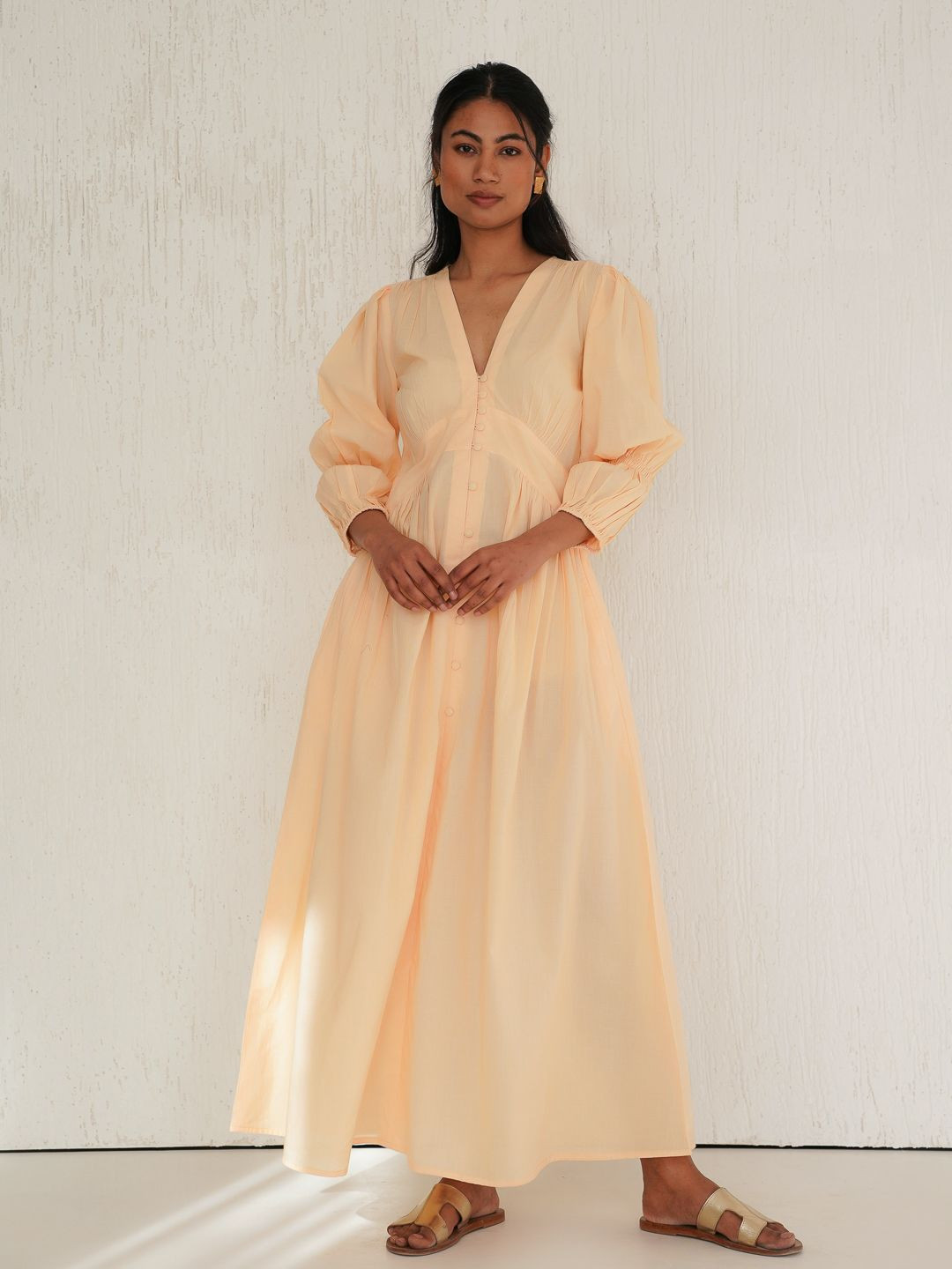 Tailor Didi Women Solid Gathered Or Pleated Organic Cotton Fit And Flare Maxi Dress