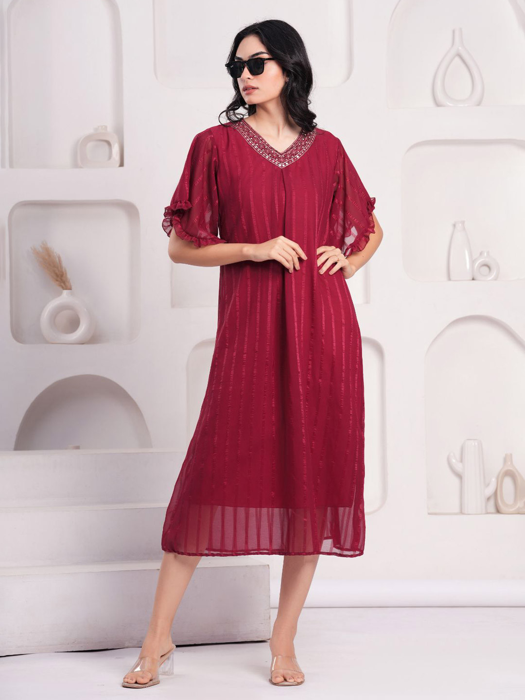 JC4U Women Solid Self Design Flared Sleeve Jacquard Fit & Flare Midi Dress