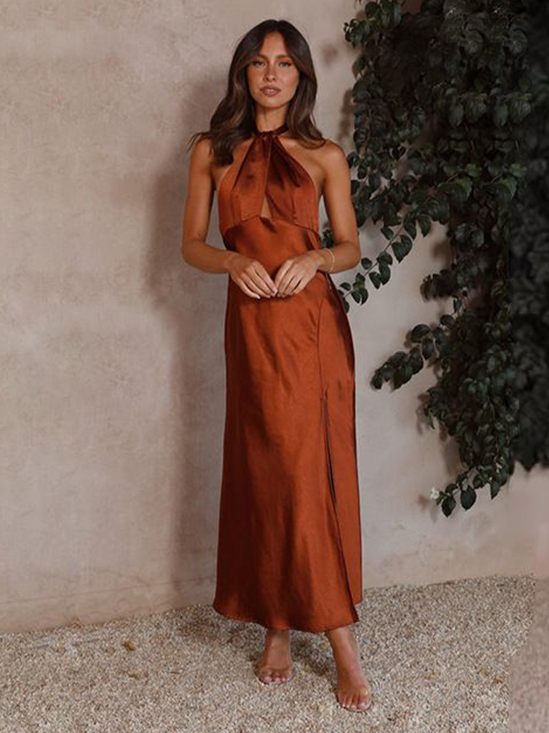 bebe Brown Halter Neck Backless Side slit Maxi Dress