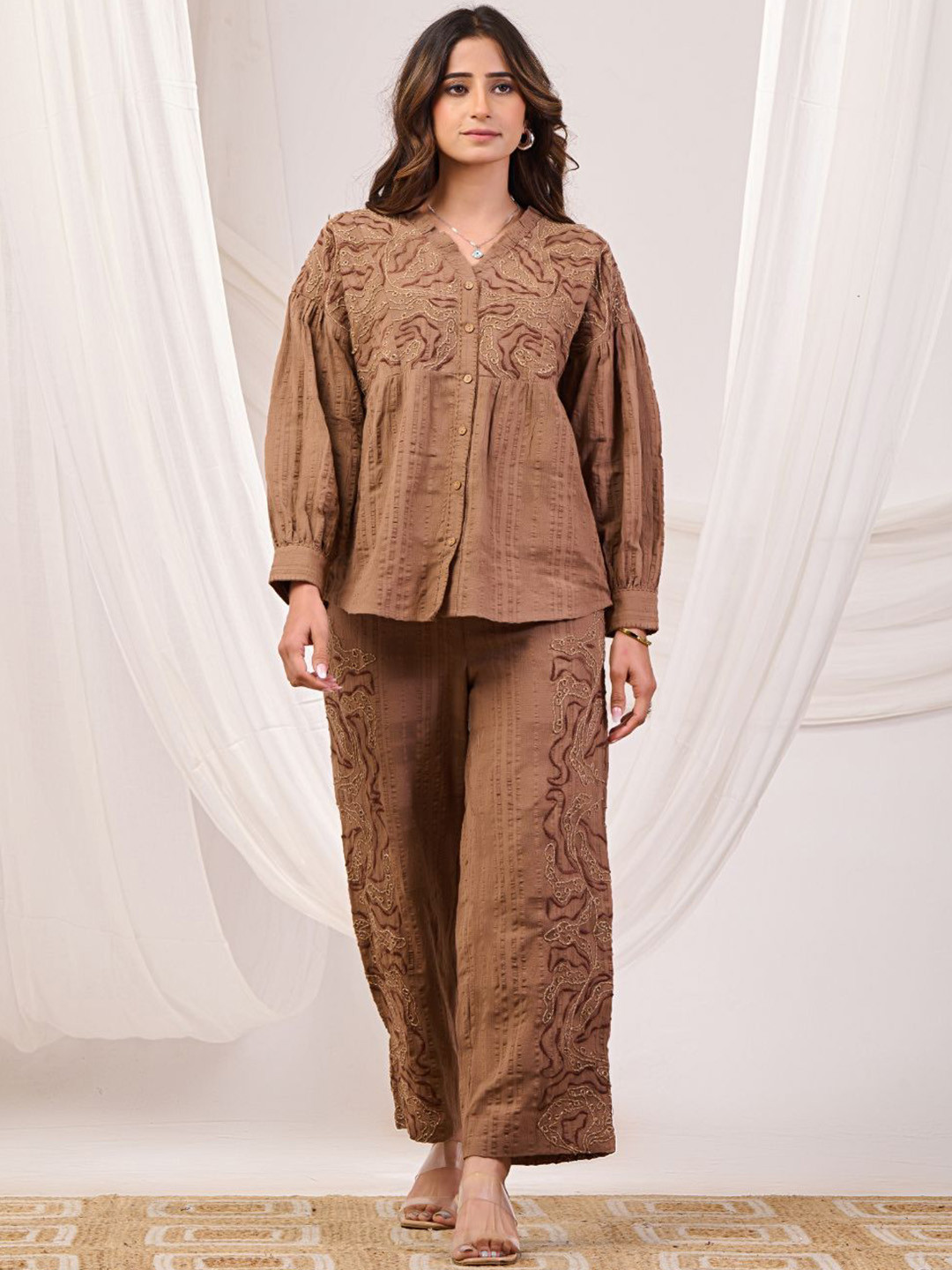 Zolo Label Women Earthy Brown Embroidered Co-Ords
