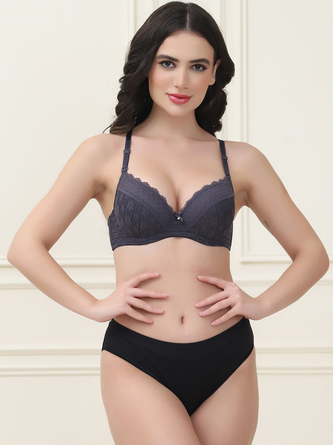 Quttos Lace T-Shirt Bra & Panty Set  QT-SET-7048-GRY-32B