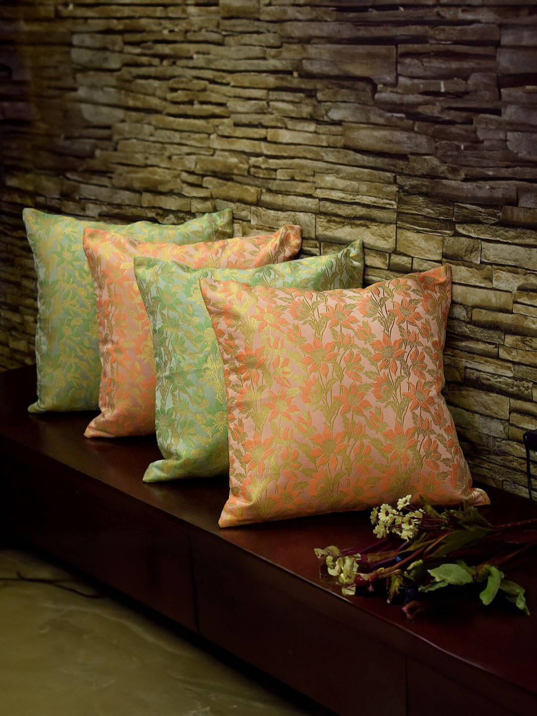 RoyalDeco Bageecha Floral Brocade Washable 4 Pcs Textured Cushion Covers - 23.6 x 23.6 In