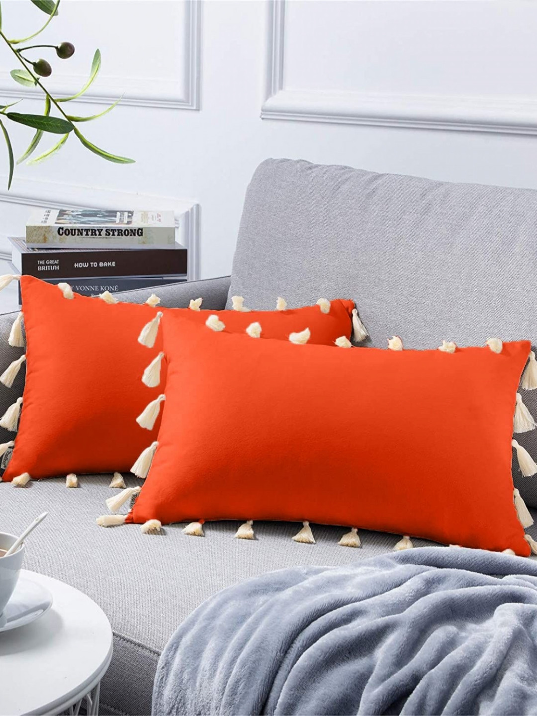 Cottonfry Orange & White 2 Pieces Velvet Rectangle Cushion Covers