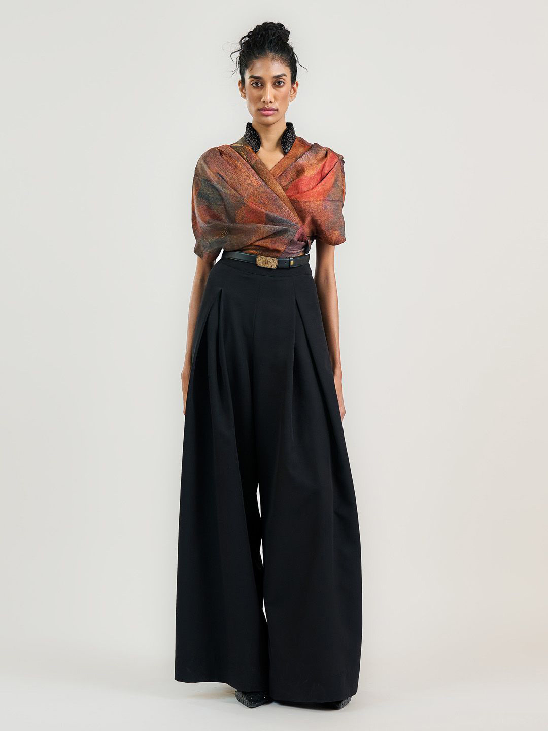 OTT Tarun Tahiliani Printed  Linen Cuffed Sleeves Wrap Top