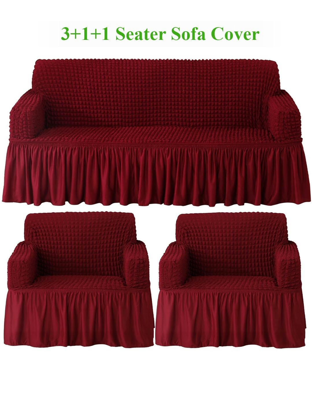 HOKIPO Cherry Red Solid 5 Seater Fully Covered Stretchable Sofa Cover
