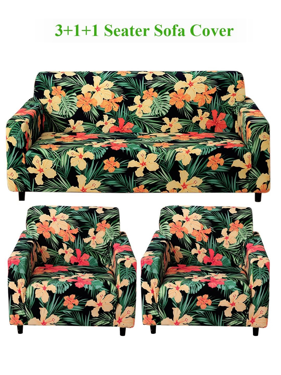 HOKIPO Spring Green Hibiscus Print 5 Seater Fully Covered Sofa Cover
