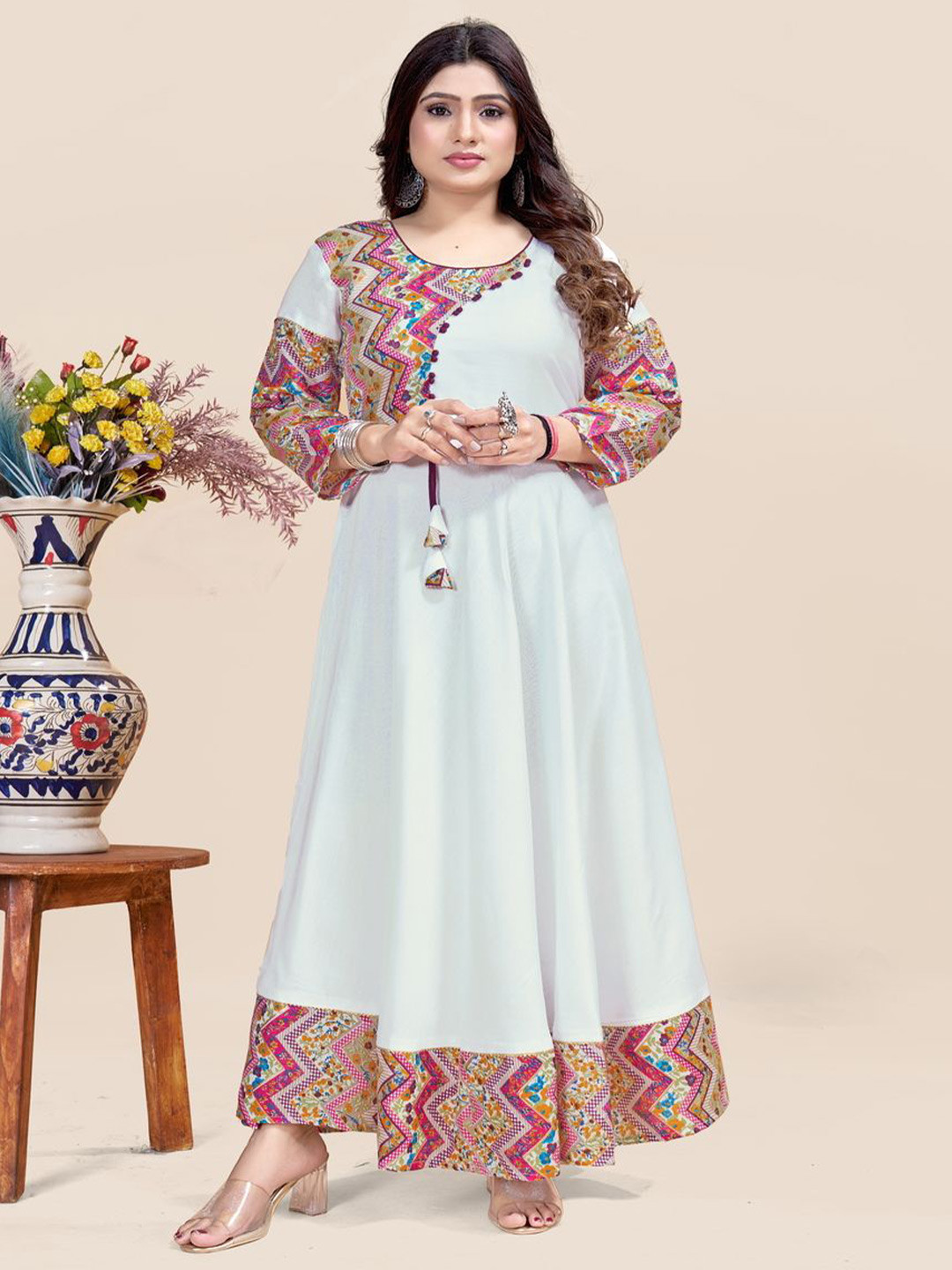 MEESORRA Cross Patched Printed Plus Size Maxi Ethnic Dress