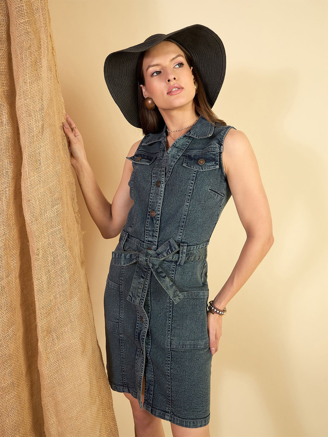 ZUMMER Women Denim Sleeveless Shirt Dress