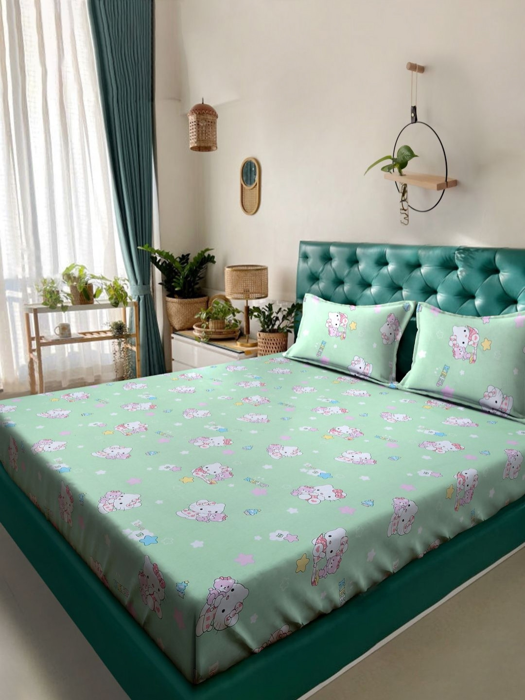 Myntra Elegant Homes Green & White Cartoon Characters Flat 400 TC Cotton King Bedsheet with 2 Pillow Covers