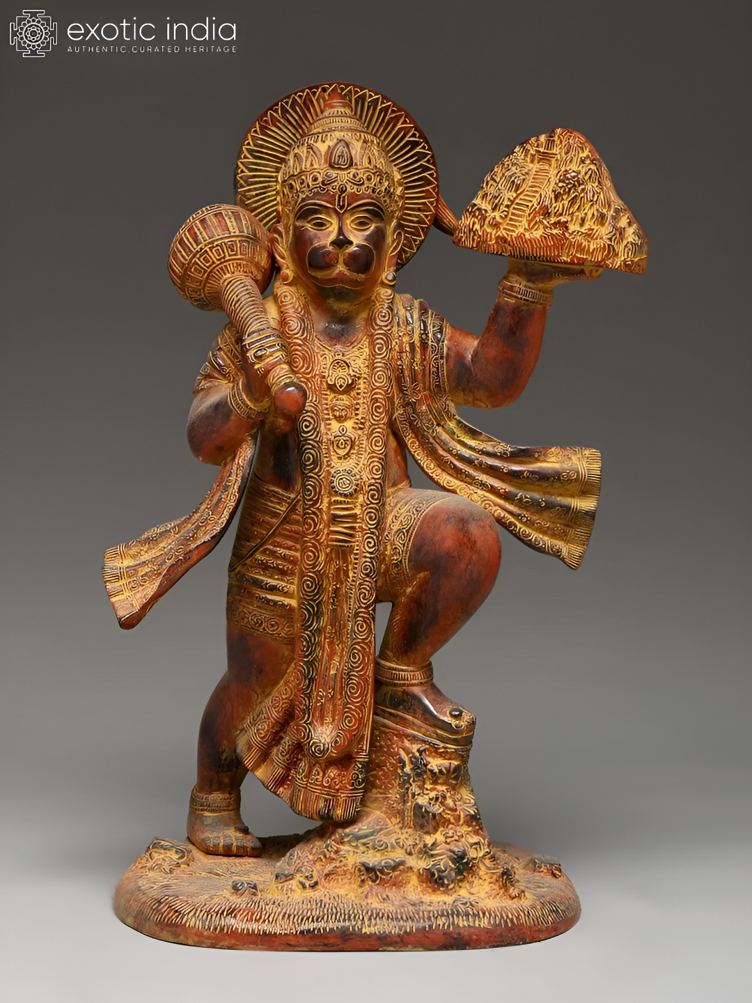 Exotic India Lord Hanuman Carrying Sacred Sanjeevani Mountain Gold Brass Metallic Prayer Room Medium Showpiece - 15.3 Inches