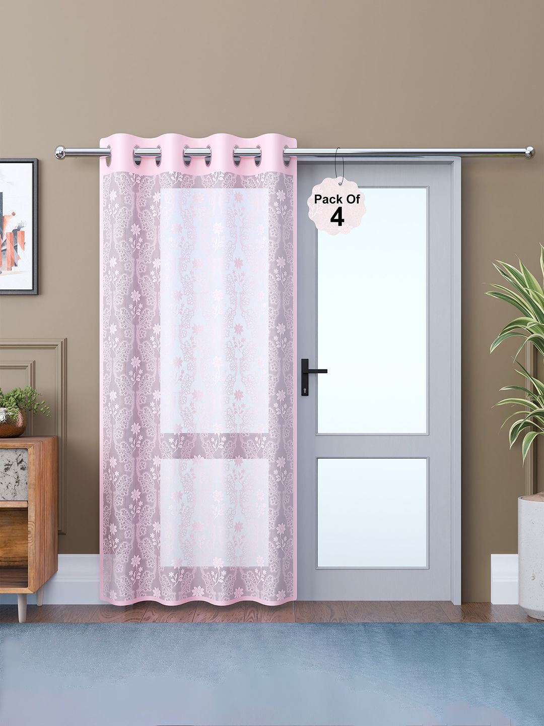 Kuber Industries Pink & White Pack of 4 Door Curtains with Eyelet Rings