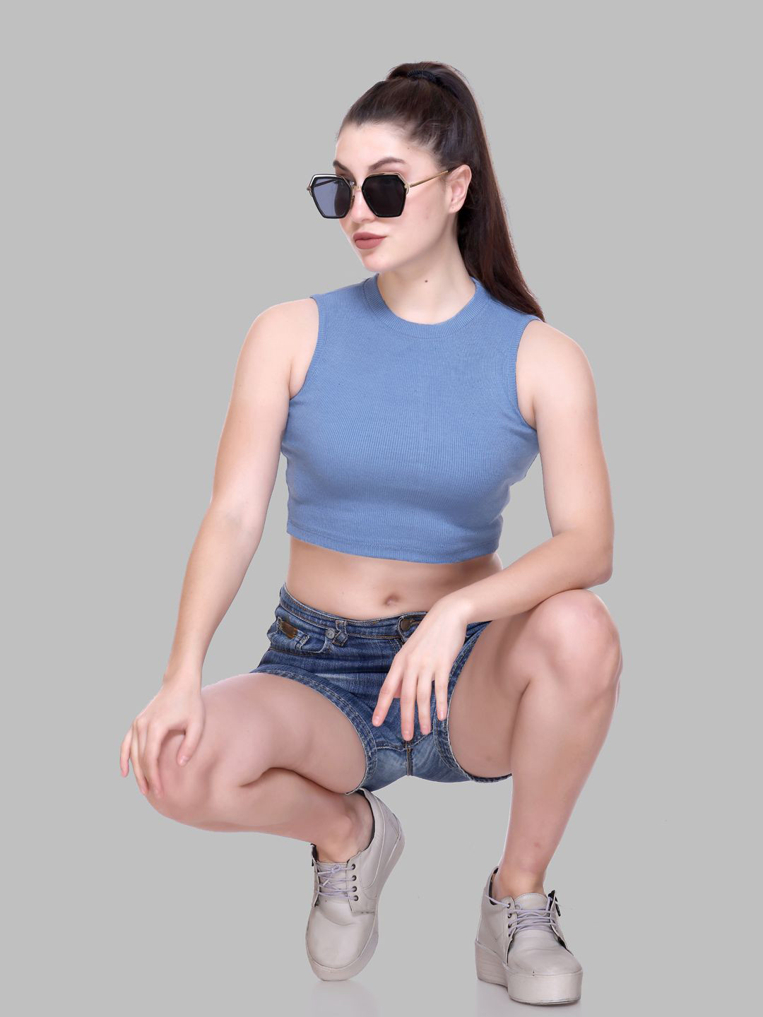 Colors and Blends Women Cotton Round Neck Sleeveless Tank Crop Top