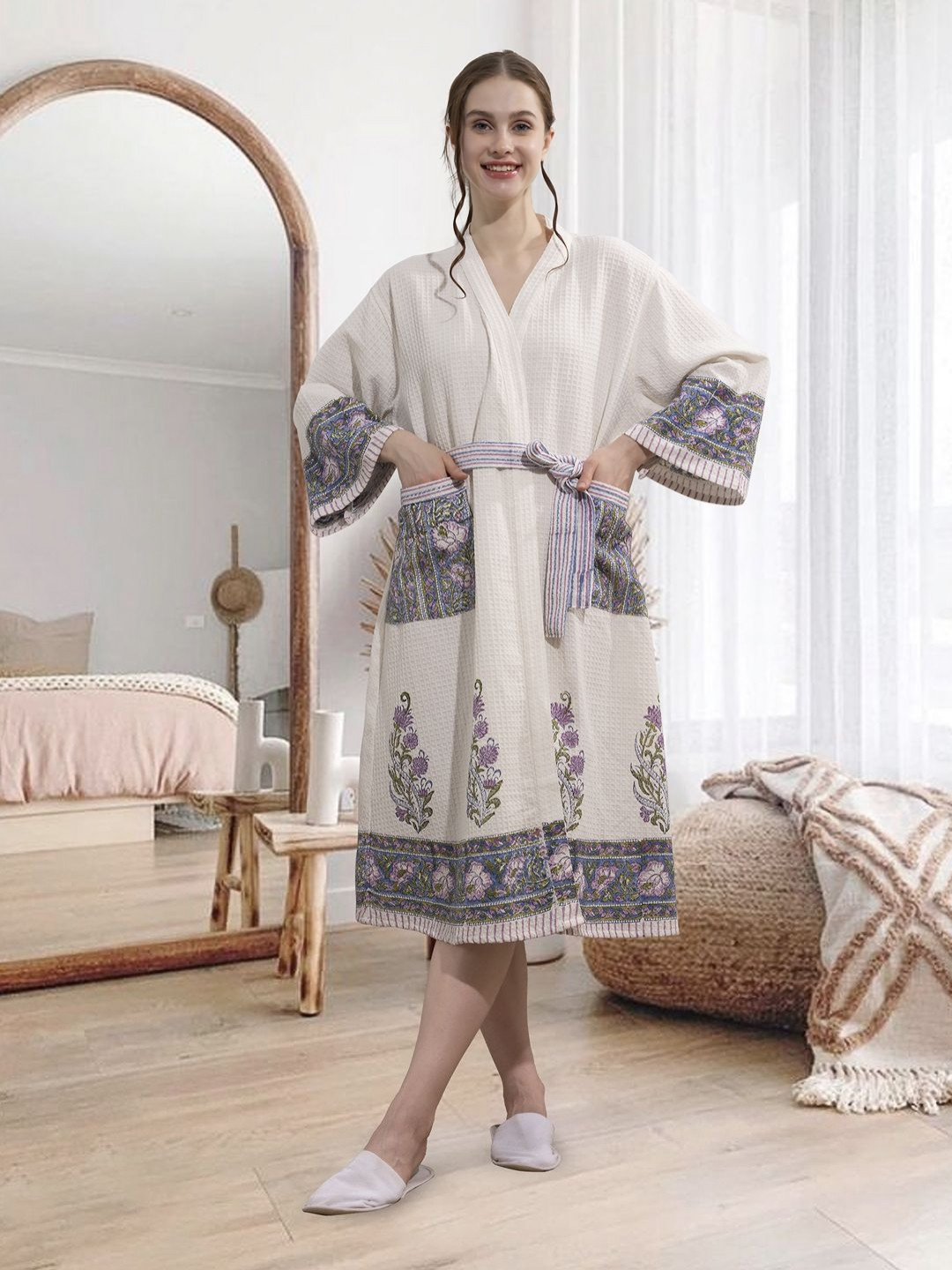 LacyLook Block Printed Grey Floral Cotton Drawstring Knee Length Bath Robe