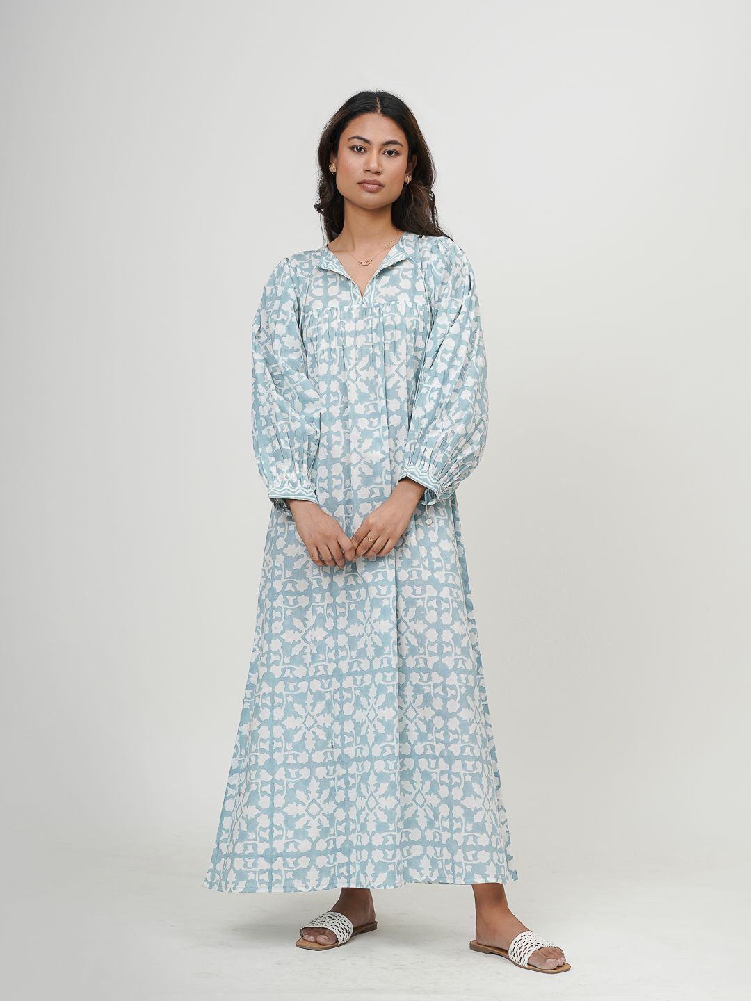 Tailor Didi Women Floral Print Tie-Up Neck Bishop Sleeve Organic Cotton A-Line Maxi Dress