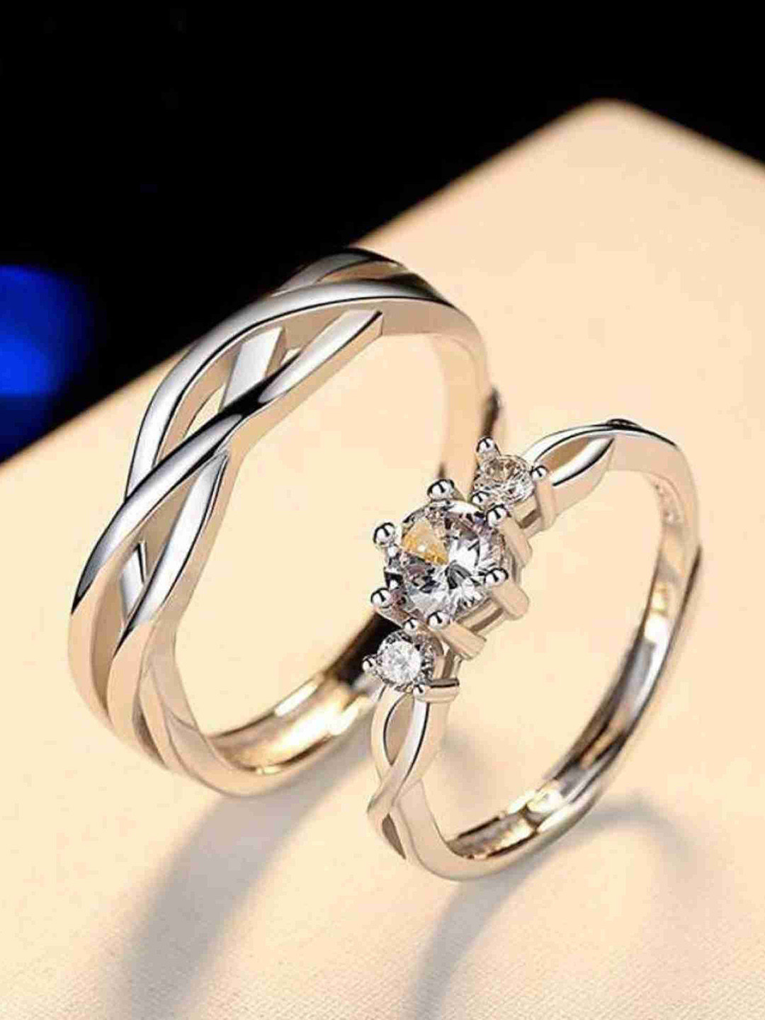kazare Set Of 2 Rhodium-Plated Stone Studded Couple Finger Rings