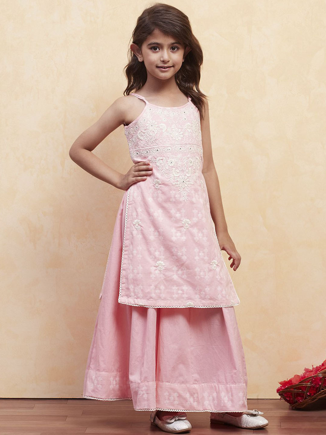 Biba Girls Ethnic Motifs Embroidered Thread Work Pure Cotton Kurta with Sharara Kurta Sets