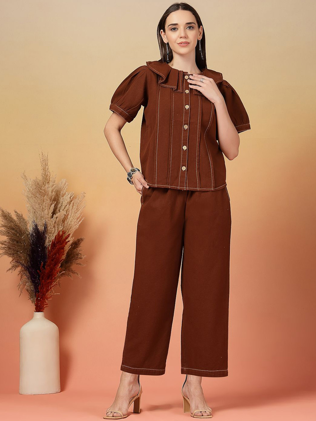 plusS Round Neck Shirt With Trousers Co-Ords