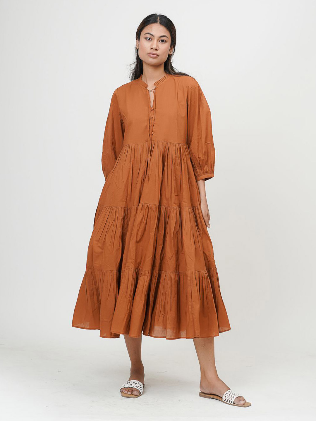 Tailor Didi Tie-Up Neck Puff Sleeve Tiered Organic Cotton Fit & Flare Midi Dress